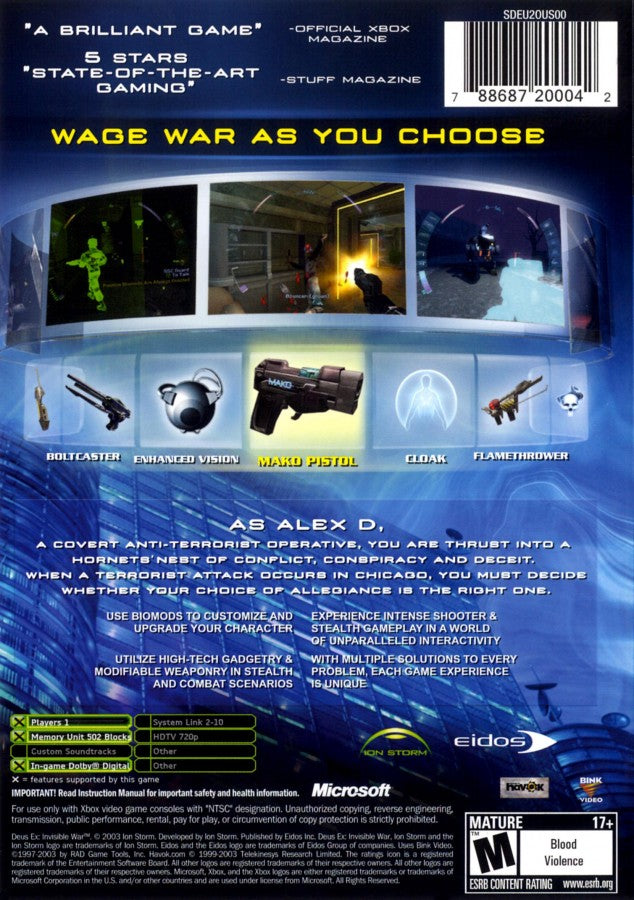 Deus Ex: Invisible War retro Xbox video game Deus Ex Invisible War cyberpunk immersive sim first person action RPG stealth hacking story driven futuristic gameplay console title Xbox release back of case