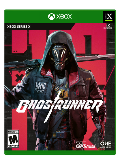 Ghostrunner game for the Xbox Series X featuring fast paced first person action gameplay with parkour movement one hit combat cyberpunk environments and precision platforming as players slice through enemies in a futuristic city cover art