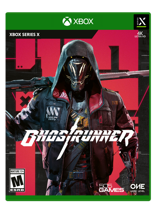 Ghostrunner game for the Xbox Series X featuring fast paced first person action gameplay with parkour movement one hit combat cyberpunk environments and precision platforming as players slice through enemies in a futuristic city cover art