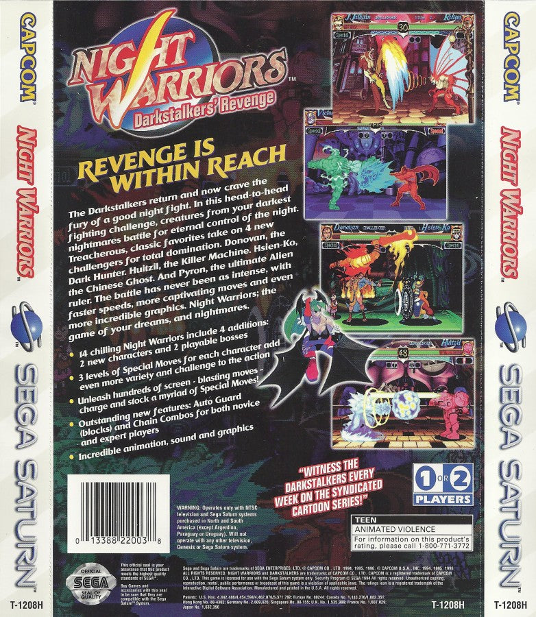 Night Warriors Darkstalkers' Revenge back cover art for Sega Saturn (SS) video game