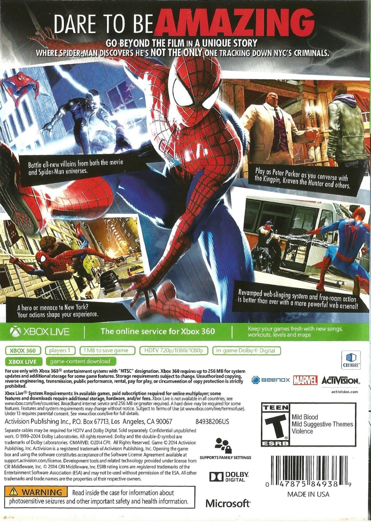 The Amazing Spider-Man 2 back of case for Xbox 360 (X360) action-adventure superhero video game
