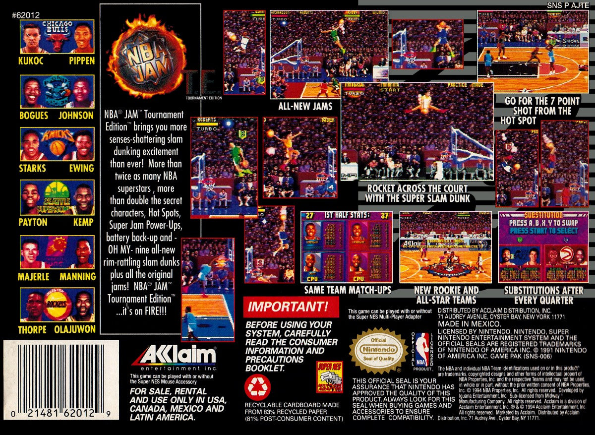 NBA Jam Tournament Edition for Super Nintendo arcade style basketball game featuring two on two matches over the top dunks fast paced gameplay and multiplayer competitive mode back cover art