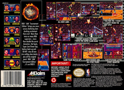 NBA Jam Tournament Edition for Super Nintendo arcade style basketball game featuring two on two matches over the top dunks fast paced gameplay and multiplayer competitive mode back cover art