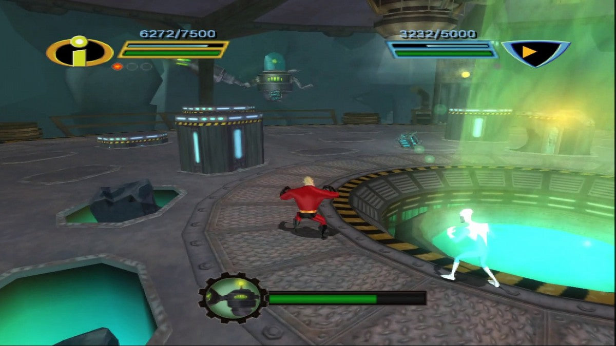 Gameplay for The Incredibles Rise of the Underminer GameCube GC video game, action adventure, Pixar movie tie-in, co-op gameplay, family-friendly, Nintendo GameCube title