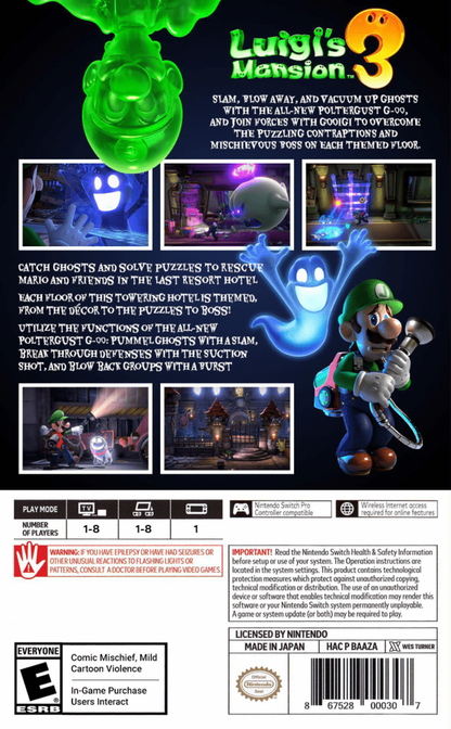 Luigis Mansion 3 back of box for Nintendo Switch NS video game 