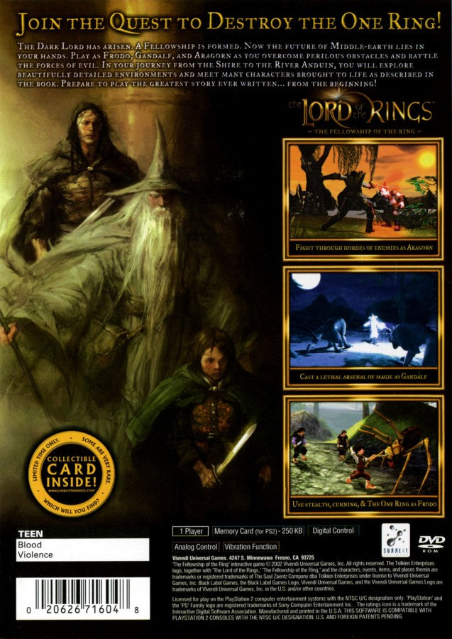 The Lord of the Rings: The Fellowship of the Ring for PlayStation 2 action adventure fantasy game based on the Tolkien novel featuring Frodo Aragorn Gandalf Middle earth quests combat exploration back cover