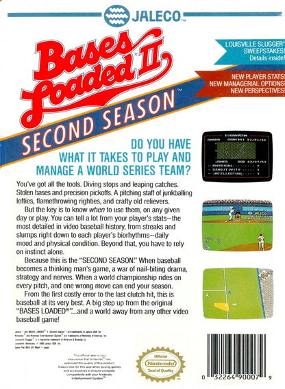 Bases Loaded II Nintendo Entertainment System NES for retro video game enthusiasts featuring classic baseball simulation gameplay arcade style sports action pitching and batting mechanics team management modes competitive match play and collectible gaming appeal back art 