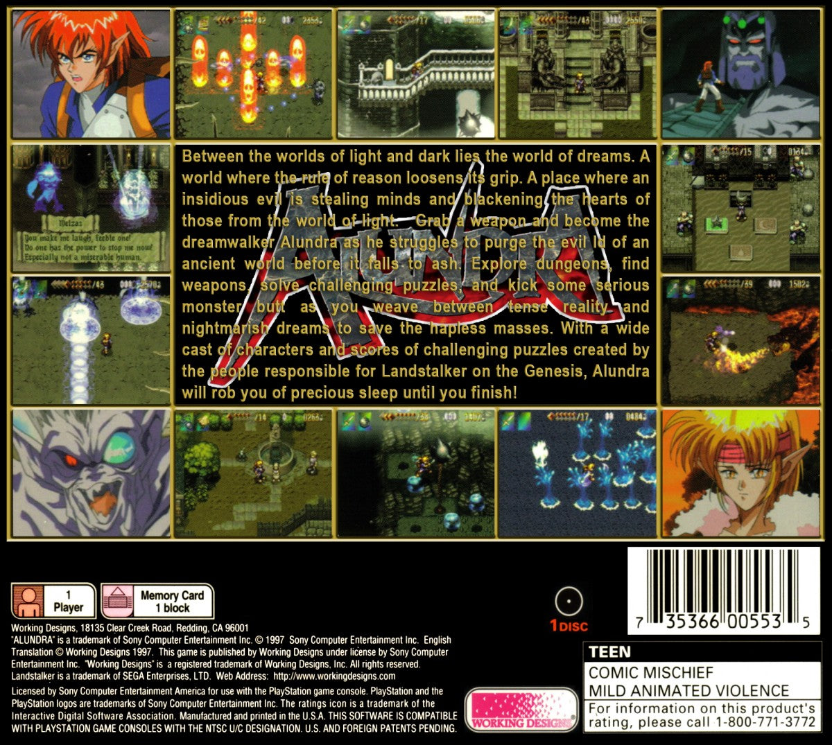 Alundra PS1 PlayStation 1 action RPG puzzle adventure fantasy dungeon crawling story driven gameplay dark themes retro video game back cover art