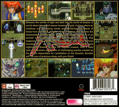 Alundra PS1 PlayStation 1 action RPG puzzle adventure fantasy dungeon crawling story driven gameplay dark themes retro video game back cover art