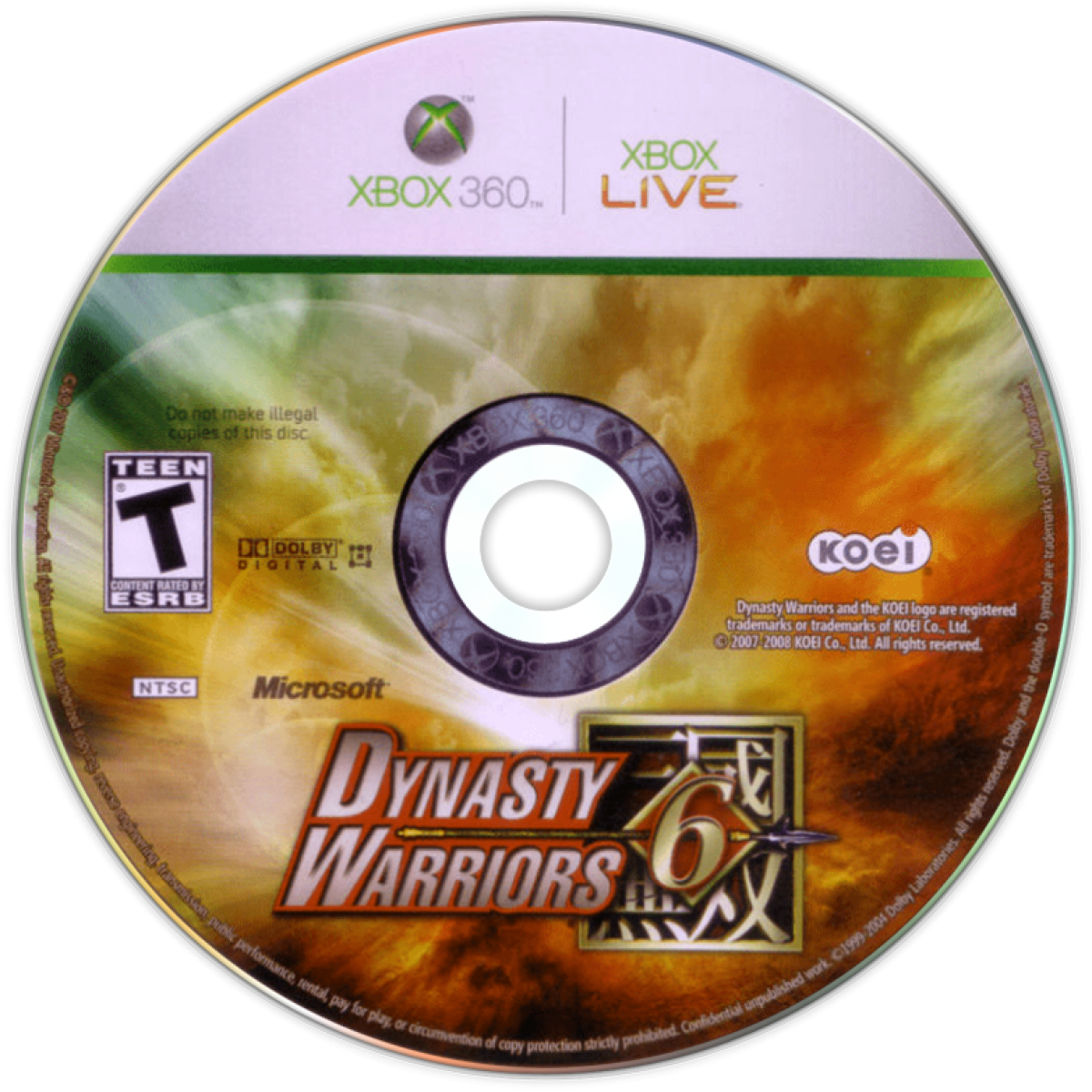 Dynasty Warriors 6 Xbox 360 game featuring large scale hack and slash combat historical Three Kingdoms storyline playable officers Musou attacks open battlefield maps and fast paced action gameplay by Koei disc