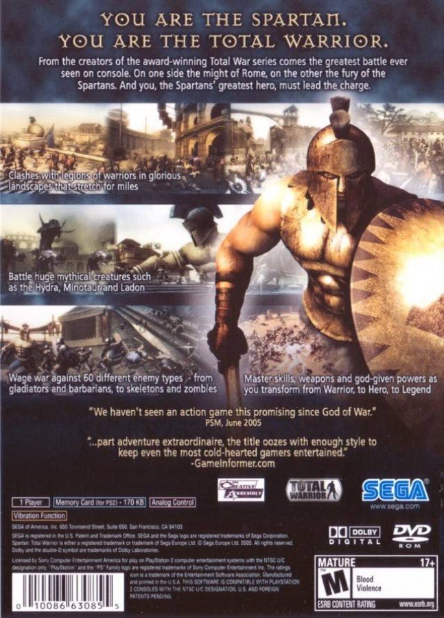 Spartan: Total Warrior for PlayStation 2 action hack and slash game ancient Rome and Greece setting large scale battles melee combat mythological enemies campaign mode back cover
