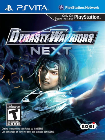 Dynasty Warriors Next for PlayStation Vita (PSV) at Gamers INC, featuring the high-energy "one-versus-thousands" tactical action of the Romance of the Three Kingdoms era, optimized for handheld play with touch-screen duels, motion-controlled special attacks, and a deep Conquest Mode that lets you unite ancient China through epic battlefield combat and strategic territory management front cover  