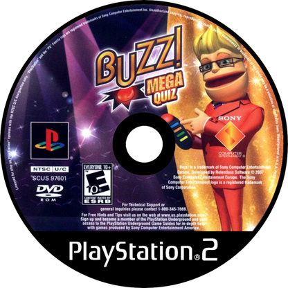 Buzz! The Mega Quiz for PlayStation 2 with general knowledge and multiplayer quiz gameplay disc