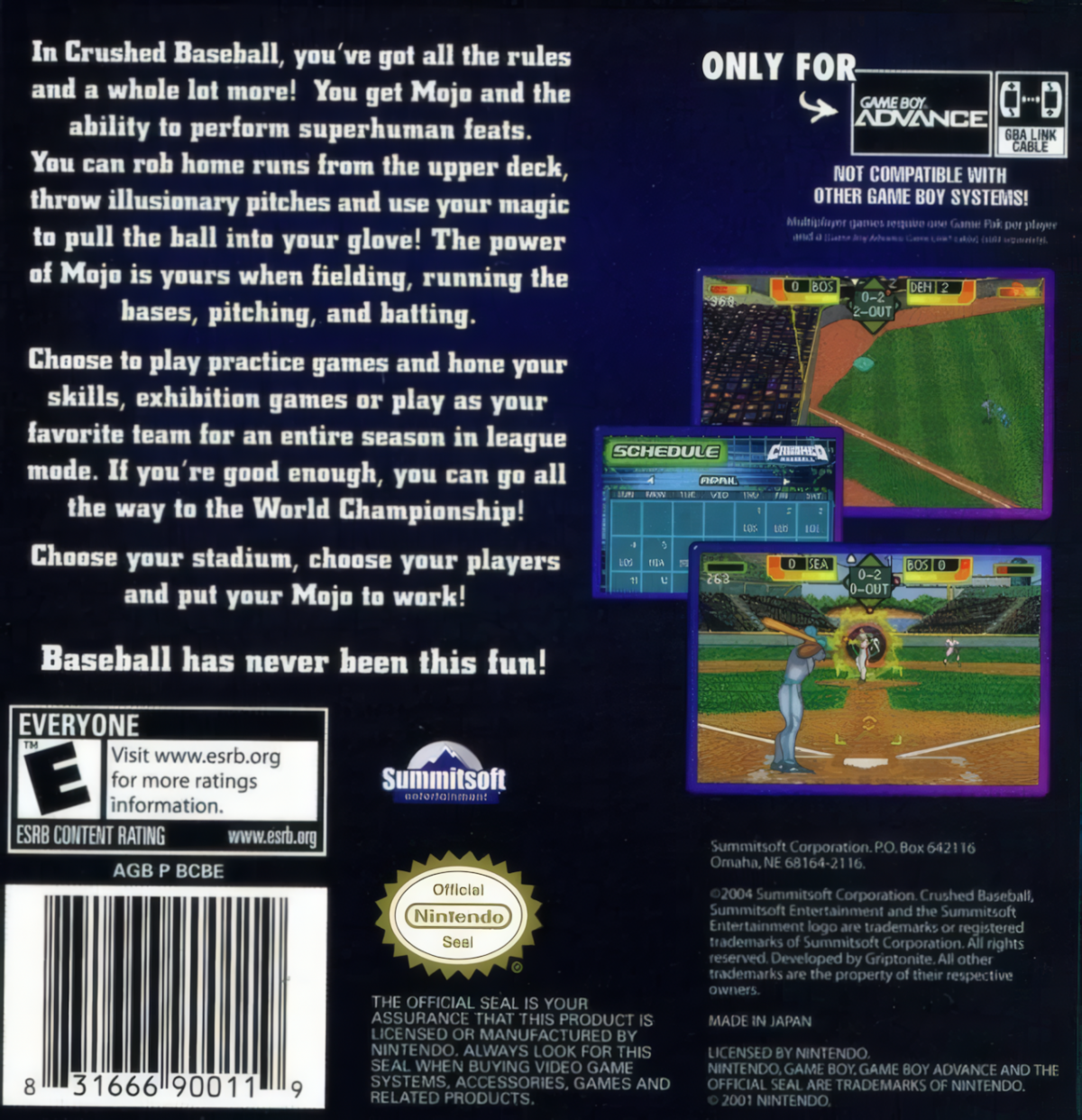 Crushed Baseball for Game Boy Advance with arcade-style baseball action theme back cover