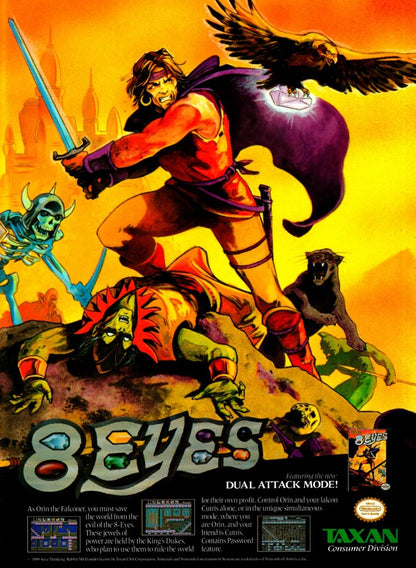 8 Eyes Nintendo Entertainment System NES for action platforming video game fans featuring side scrolling gameplay fantasy adventure sword combat collectible jewels challenging levels cooperative play with the falcon Cutrus classic NES retro gaming collectible appeal game flyer