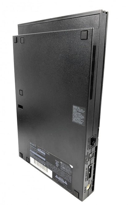 Bottom view of a Sony PlayStation 2 Slim console showing screw placements, ventilation grilles, and label details.