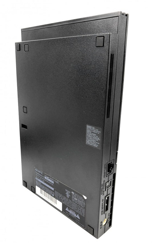 Bottom view of a Sony PlayStation 2 Slim console showing screw placements, ventilation grilles, and label details.