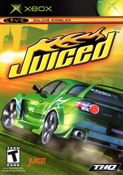 Juiced Xbox XBOX for racing video game fans featuring import street racing customizable cars performance upgrades competitive circuit events arcade and simulation driving styles licensed vehicles multiplayer racing action collectible gaming appeal front cover art