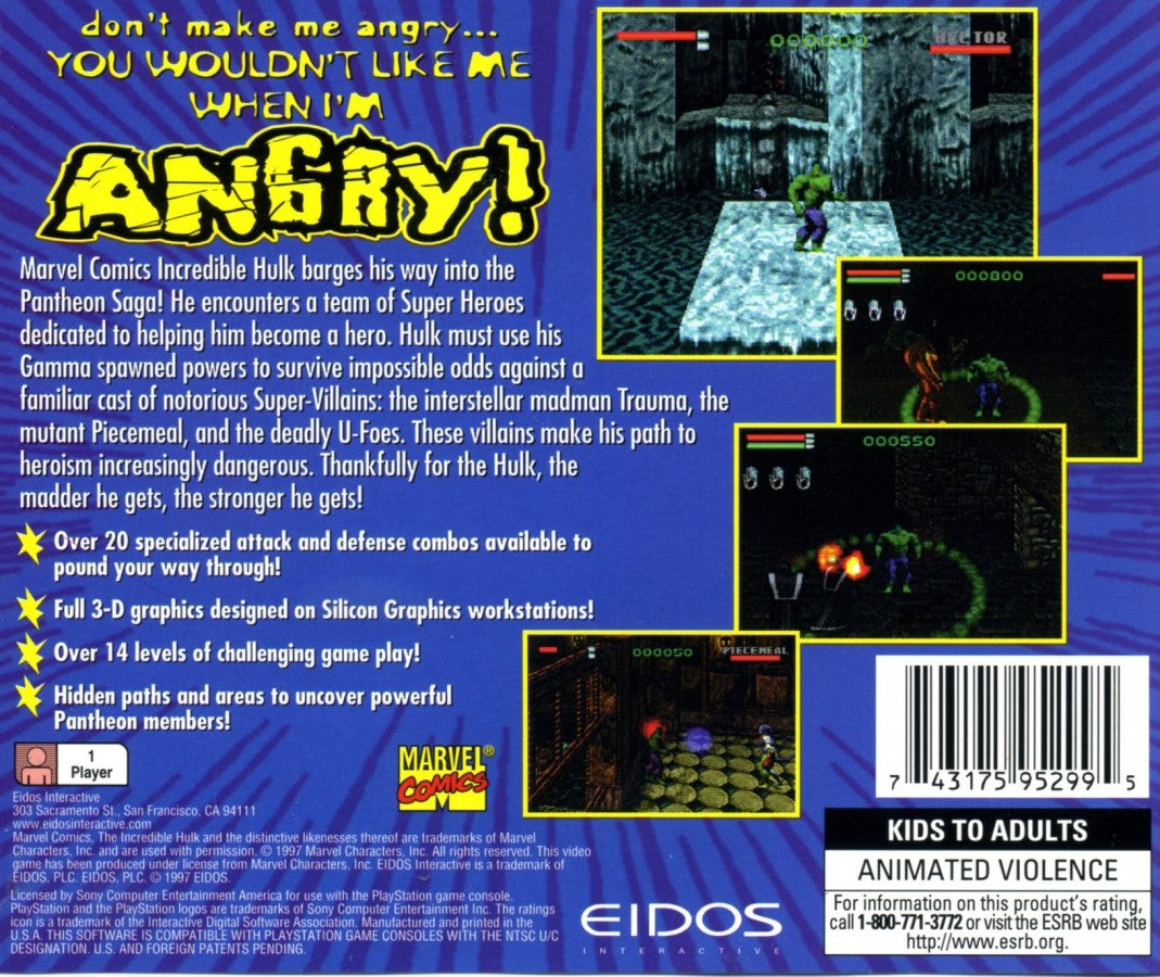 Incredible Hulk: The Pantheon Saga retro superhero action fighting game for PlayStation 1 (PS1) back of case