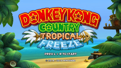 Donkey Kong Country: Tropical Freeze title screen for Nintendo Switch (NS) featuring side‑scrolling platform action with dynamic levels, cooperative play, and classic Donkey Kong characters.