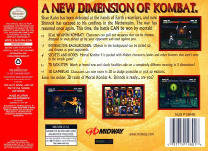 Mortal Kombat 4 Nintendo 64 N64 for fighting video game fans featuring classic Mortal Kombat characters intense 3D combat special moves finishing moves weapon attacks brutal battles multiple arenas and classic Nintendo 64 gameplay collectible retro gaming appeal back cover art