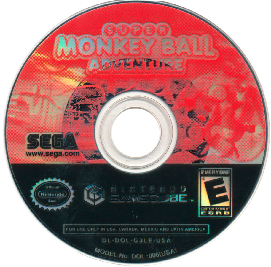Super Monkey Ball Adventure disc art for GameCube game featuring action platforming gameplay with rolling challenges and open-world exploration
