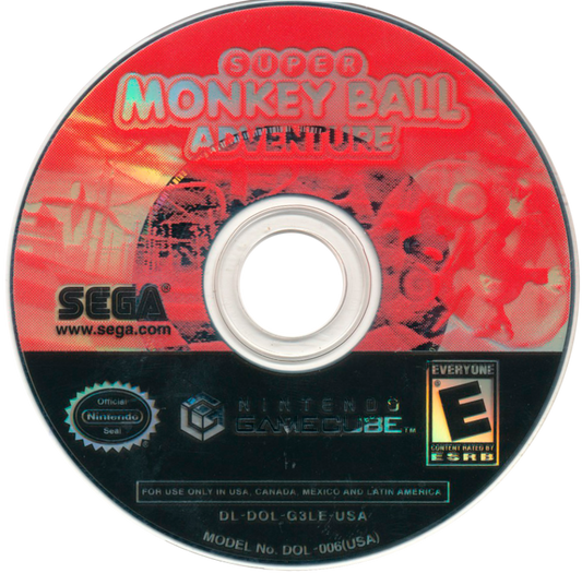 Super Monkey Ball Adventure disc art for GameCube game featuring action platforming gameplay with rolling challenges and open-world exploration