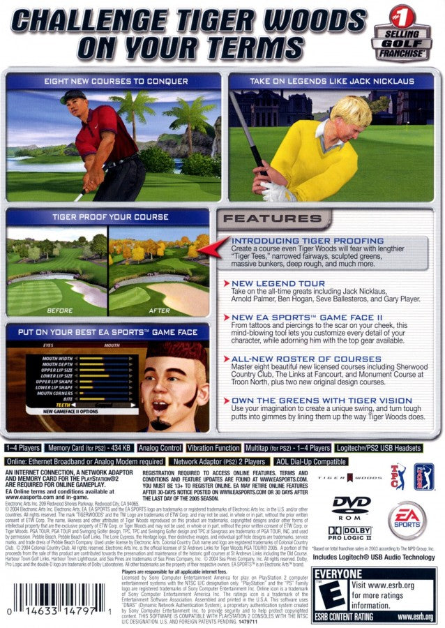 Tiger Woods PGA Tour 2005 – PlayStation 2 (PS2) video game back of case, golf sports simulation.