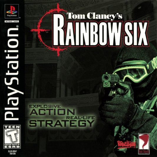 Tom Clancy's Rainbow Six game for the PlayStation featuring tactical first person shooter gameplay with squad based command mechanics mission planning stealth elements and realistic counter terrorism operations across multiple global scenarios front cover