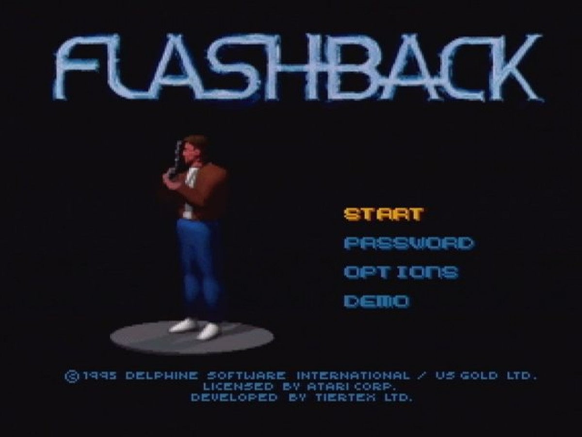 Flashback Atari Jaguar JAG for cinematic action adventure video game fans featuring Conrad B Hart futuristic science fiction environments platforming exploration shooting combat puzzle solving dangerous traps challenging levels and classic Atari Jaguar gameplay collectible retro gaming appeal gameplay