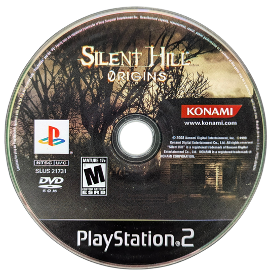 Silent Hill Origins Game Only PlayStation 2 PS2 video game featuring psychological survival horror gameplay Travis Grady character exploration fog covered environments disturbing monsters puzzle solving flashlight exploration limited ammunition combat supernatural mysteries dark atmospheric settings and origins of the Silent Hill storyline game only edition retro video game collection collectible gaming appeal front of disc
