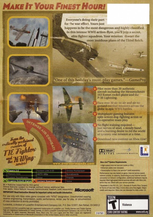 Secret Weapons Over Normandy back cover art for Xbox (XBOX) video game