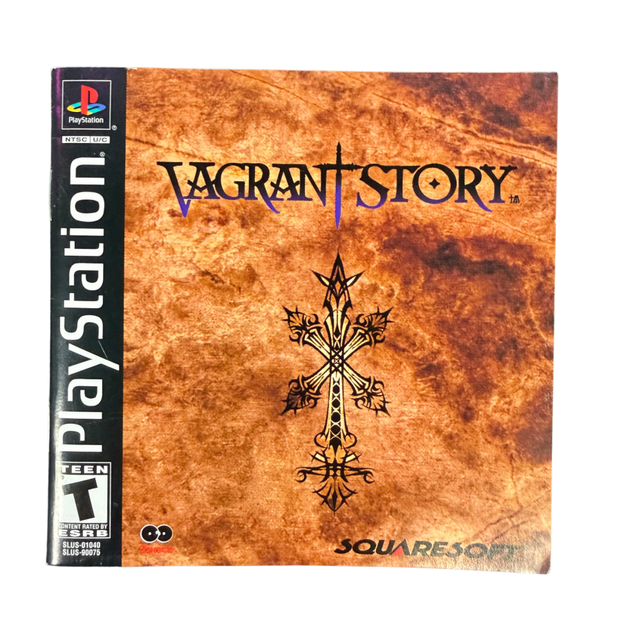 Vagrant Story PlayStation PS1 for action role playing video game fans featuring Ashley Riot dark fantasy adventure dungeon exploration real time combat weapon customization item crafting challenging enemies mysterious environments puzzle solving and immersive Square gameplay collectible gaming appeal front of manual