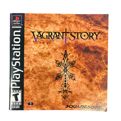 Vagrant Story PlayStation PS1 for action role playing video game fans featuring Ashley Riot dark fantasy adventure dungeon exploration real time combat weapon customization item crafting challenging enemies mysterious environments puzzle solving and immersive Square gameplay collectible gaming appeal front of manual