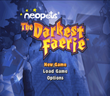Neopets The Darkest Faerie PS2 Sony PlayStation 2 action adventure fantasy RPG Neopia exploration puzzle solving sword combat magic abilities story driven gameplay family friendly retro gaming PlayStation 2 software video game title start screen