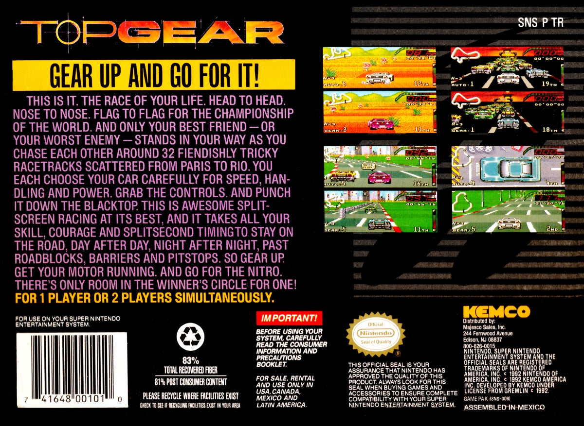Top Gear cartridge for the Super Nintendo Entertainment System featuring 16 bit racing gameplay with fast paced arcade style cars multiple tracks and competitive time trial and multiplayer modes back cover