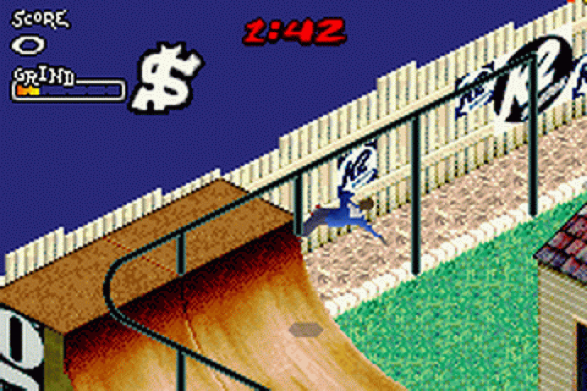 Aggressive Inline for Game Boy Advance (GBA), gameplay for a retro video game featuring inline skating gameplay, trick-based challenges, extreme sports action, competitive races, and arcade-style stunt mechanics