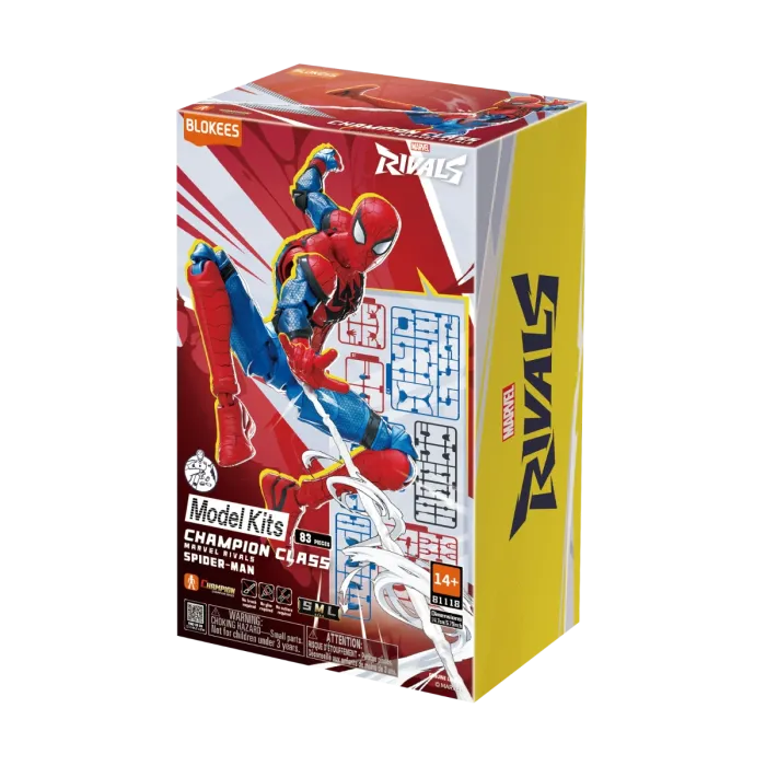 Blokees Marvel Rivals Champion Class 06 Spider Man collectible model kit inspired design featuring dynamic superhero action aesthetic iconic web slinger pose detailed armor style suit components articulated display figure Marvel gaming universe collectible presentation