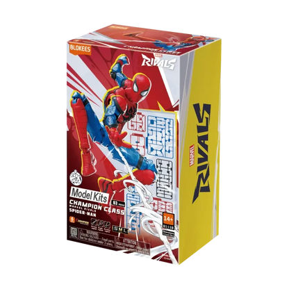 Blokees Marvel Rivals Champion Class 06 Spider Man collectible model kit inspired design featuring dynamic superhero action aesthetic iconic web slinger pose detailed armor style suit components articulated display figure Marvel gaming universe collectible presentation