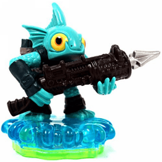 Gill Grunt Skylanders Spyro’s Adventure figure, water element fish-like warrior with green armor and harpoon blaster, posed in battle stance, detailed collectible toy on portal base from Skylanders Spyro’s Adventure series
