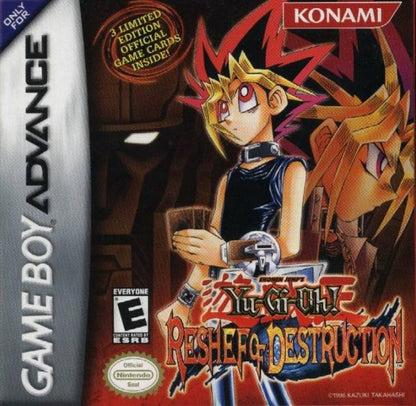 Yu-Gi-Oh! Reshef of Destruction Game Boy Advance cover art for retro video game featuring strategic card battle gameplay, duel monster mechanics, anime inspired storyline, deck building progression, turn based dueling strategy, and portable handheld trading card game adventure on GBA system