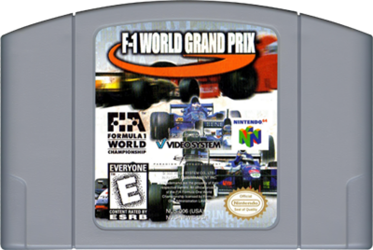 F-1 World Grand Prix Nintendo 64 N64 video game featuring Formula One racing gameplay licensed F1 drivers and teams high speed open wheel race cars realistic Grand Prix circuits championship season mode time trials pit stops vehicle handling racing strategy and classic 64 bit Nintendo motorsport action retro video game collection collectible gaming appeal game cartridge