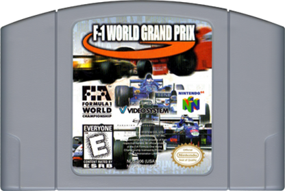 F-1 World Grand Prix Nintendo 64 N64 video game featuring Formula One racing gameplay licensed F1 drivers and teams high speed open wheel race cars realistic Grand Prix circuits championship season mode time trials pit stops vehicle handling racing strategy and classic 64 bit Nintendo motorsport action retro video game collection collectible gaming appeal game cartridge