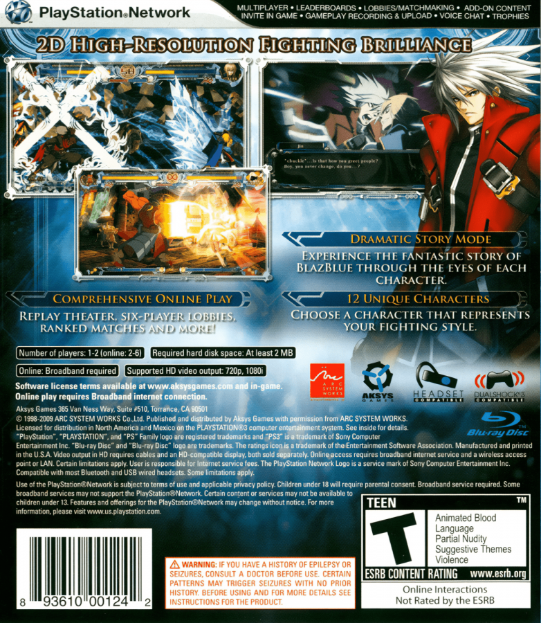 BlazBlue Calamity Trigger PS3 2D anime fighting game with vibrant characters and dynamic combat for PlayStation 3 fans back cover art