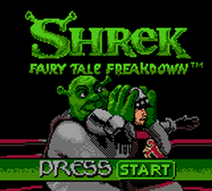 Shrek Fairy Tales Freakdown Game Boy Color GBC title screen featuring fairy tale inspired fighting gameplay colorful cartoon aesthetics playable Shrek universe characters fast paced one on one battles portable handheld gaming action classic Game Boy Color entertainment and collectible retro gaming appeal