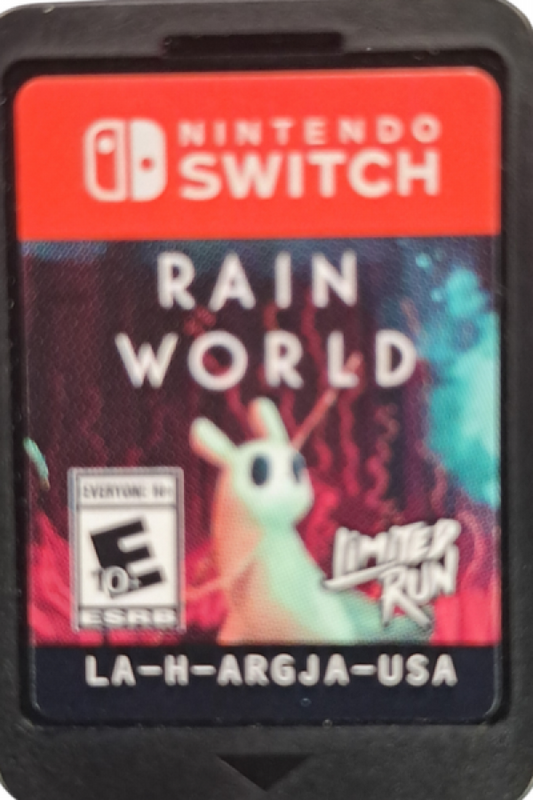 Rain World Nintendo Switch inspired design featuring atmospheric survival platform adventure aesthetic mysterious post apocalyptic ecosystem agile slugcat protagonist challenging exploration dynamic wildlife encounters pixel art environments immersive indie gameplay presentation cartridge 