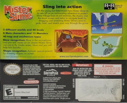 Mister Slime for Nintendo DS, back of case for a puzzle platformer video game with stretchy physics-based gameplay, obstacle navigation, and stylus-controlled challenges