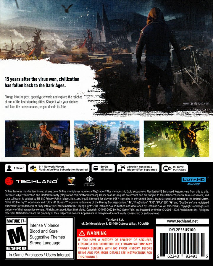 Dying Light 2 Stay Human PlayStation 5 PS5 for open world survival horror action video game fans featuring first person parkour movement zombie combat nighttime exploration weapon crafting character progression branching choices dynamic city environments cooperative multiplayer and intense post apocalyptic adventure collectible gaming appeal back cover art
