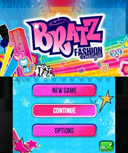 Bratz Fashion Boutique start screen for Nintendo 3DS (3DS) fashion simulation video game