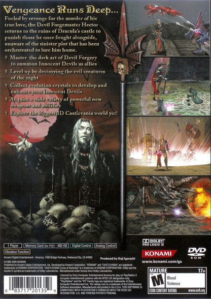 Castlevania: Curse of Darkness for PlayStation 2 with gothic action-adventure and vampire-hunting theme gameplay back cover art